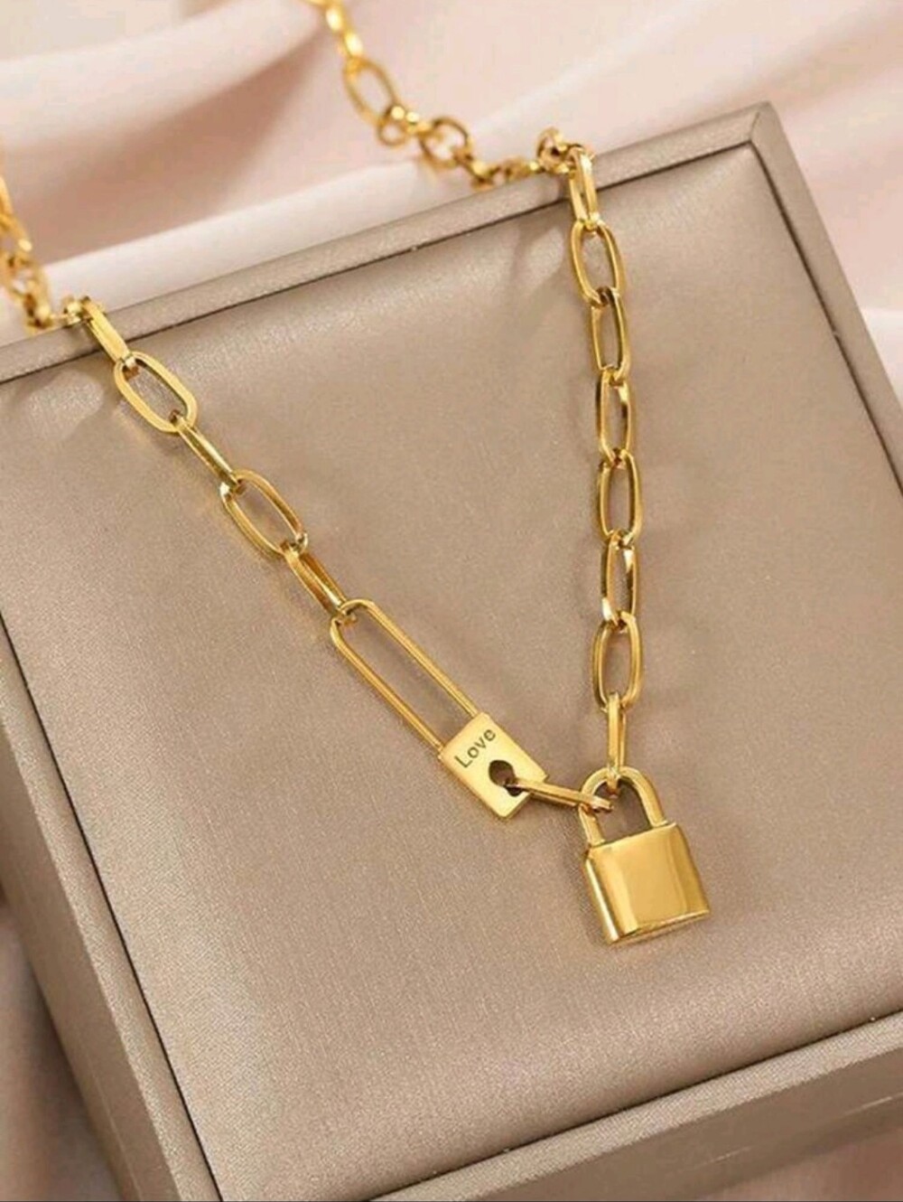 Gold Tone Padlock Chain Necklace - Love Accent